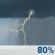This Afternoon: Showers and possibly a thunderstorm. Some of the storms could be severe.  High near 81. West wind around 10 mph.  Chance of precipitation is 80%. New rainfall amounts of less than a tenth of an inch, except higher amounts possible in thunderstorms. 
